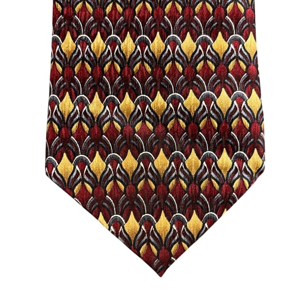 Stonehenge Mens Silk Tie Burgundy Gold Geometric Pattern Handmade Necktie